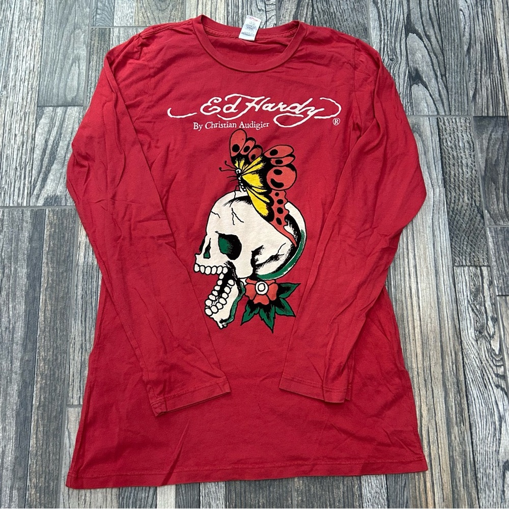 🔥🔥 ED HARDY Christian Audigier Y2K Vintage Skull Butterfly Women's  LS‎ Tee XL